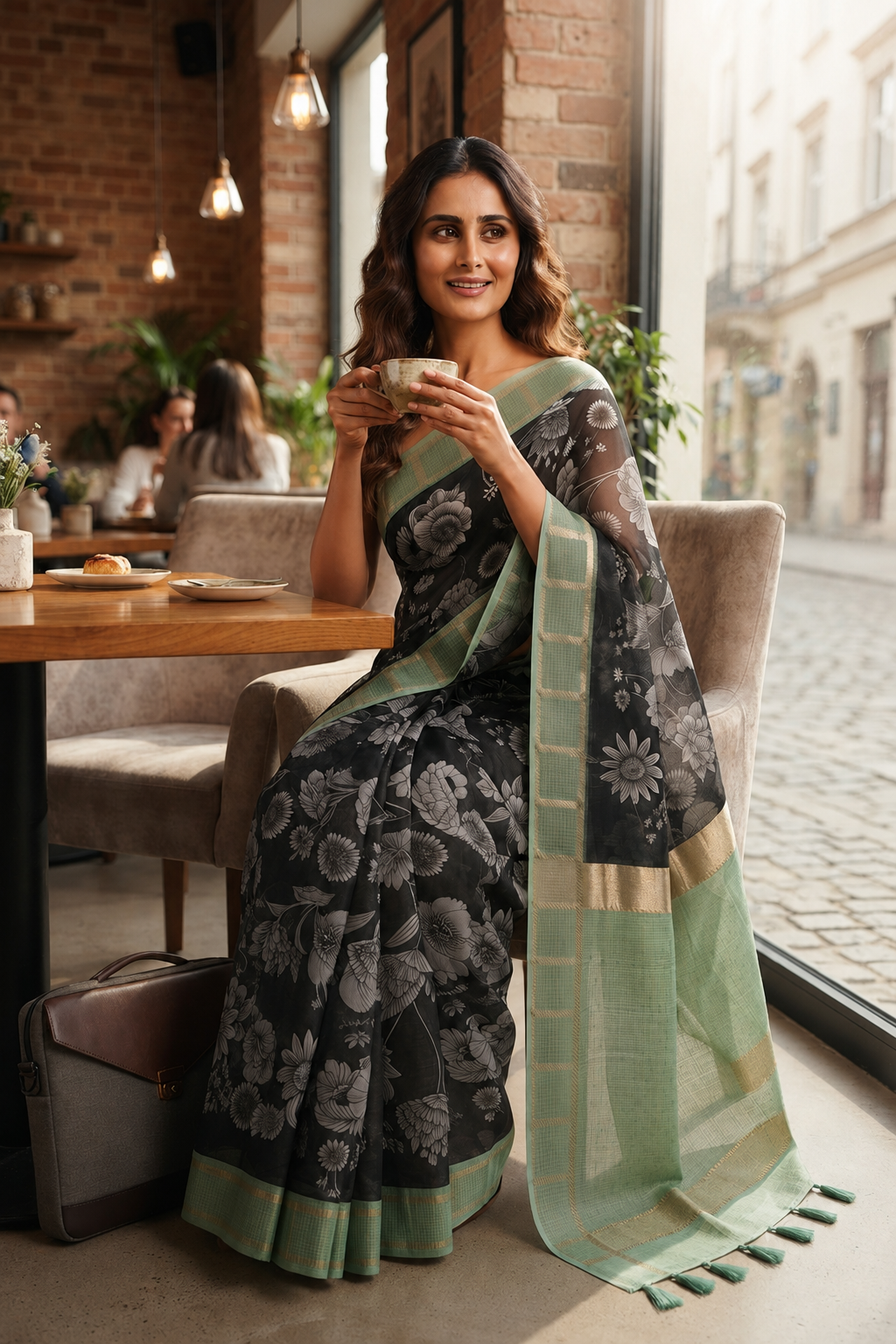 Black Floral Print Soft Kota Saree with Sage Green Zari Border