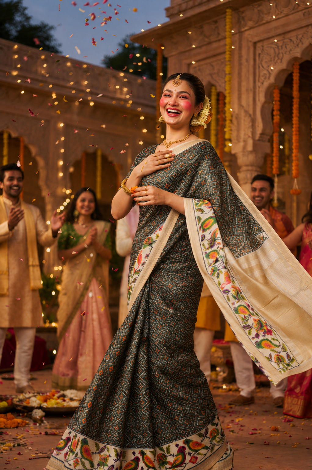 Black Silk Saree with Digital Patola Print & Silver Zari Border