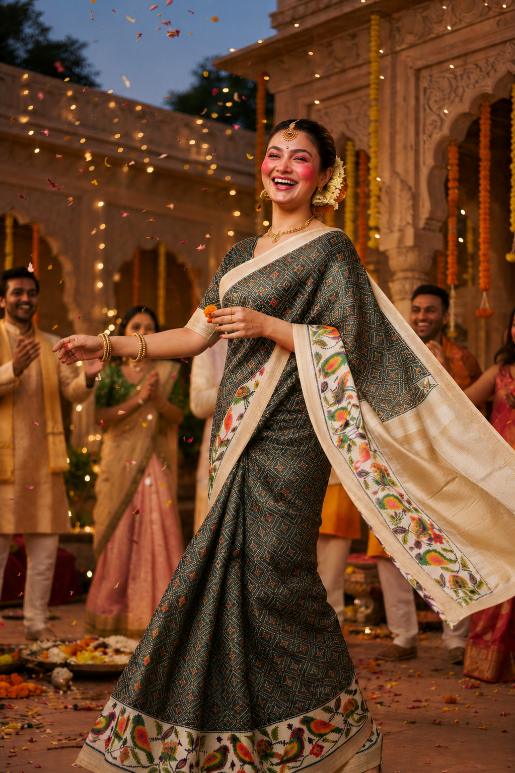 Black Silk Saree with Digital Patola Print & Silver Zari Border