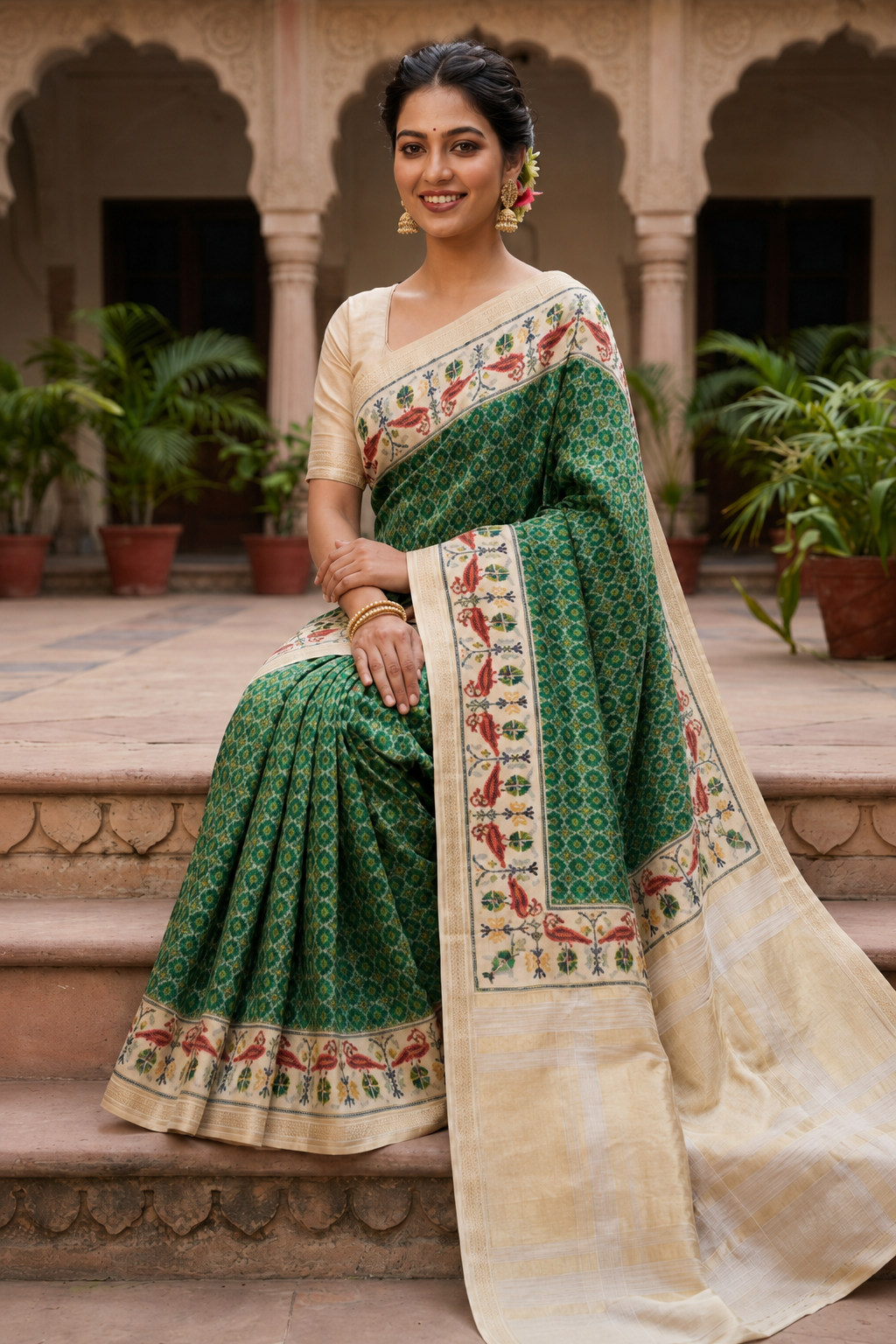 Green Silk Saree with Digital Patola Print & Silver Zari Border