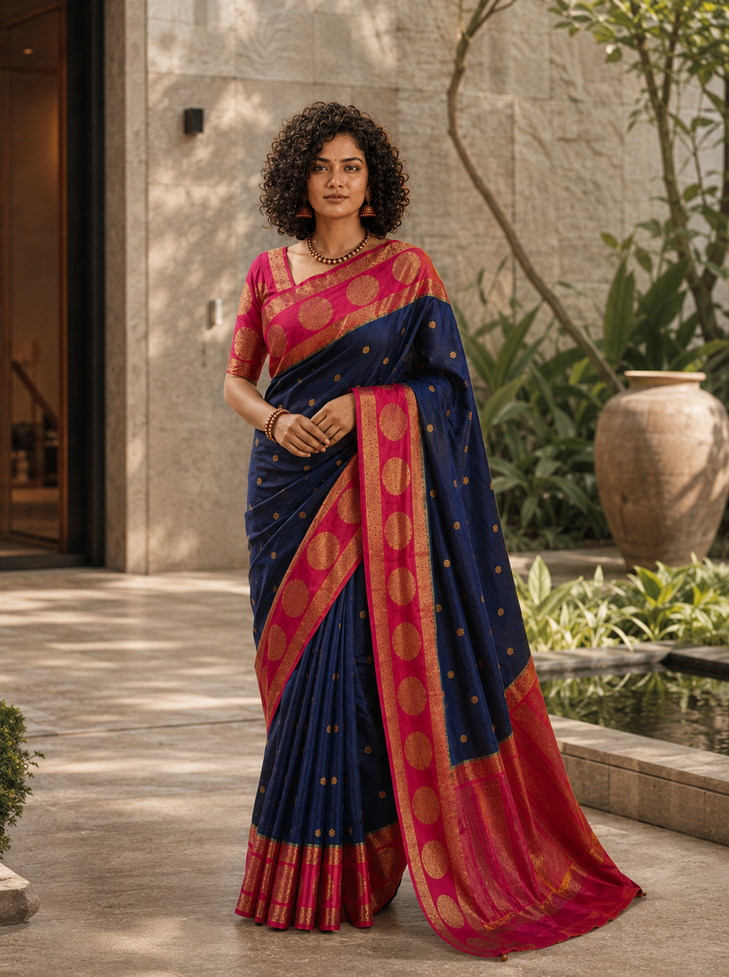Royal Midnight Blue Georgette Silk Saree with Rani Pink