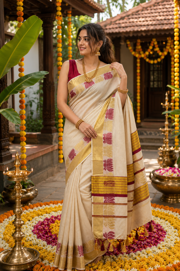 Lotus Woven Kasavu Saree with Maroon & Gold Border
