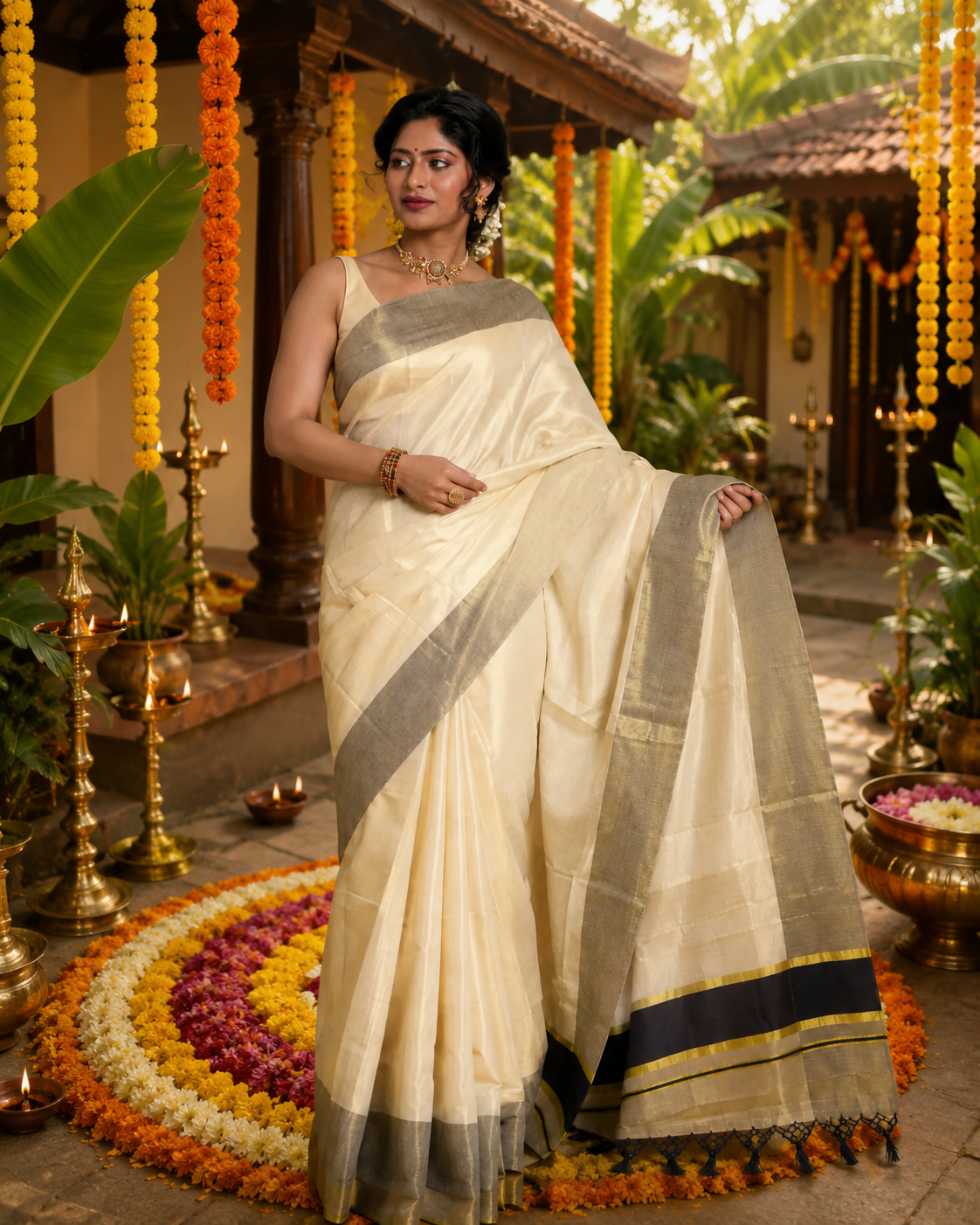 Kerala Kasavu Saree with Grey-Gold Border & Black Pallu Stripe