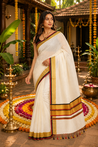 Kerala Kasavu Pure Cotton Saree with Gold, Red & Black Border