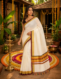 House Of Paramya ivory white pure cotton Kerala Kasavu saree with gold zari border and red and black stripes