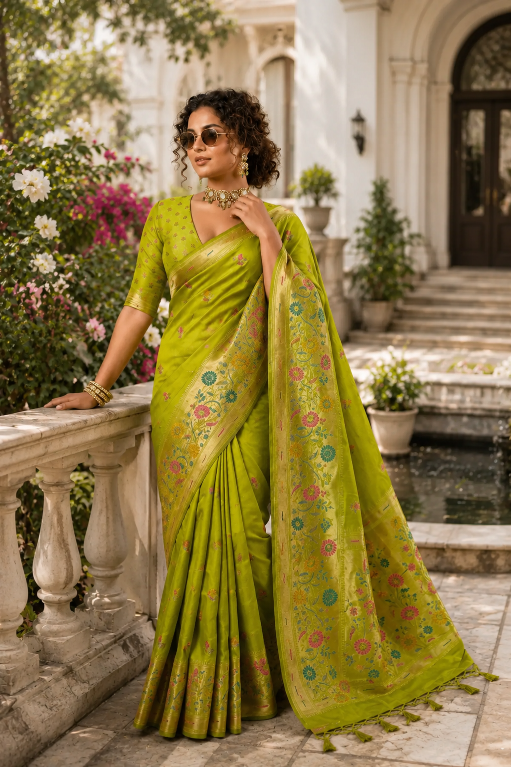 Parrot Green Paithani Silk Saree with Multicolour Floral Pallu & Gold Zari Border