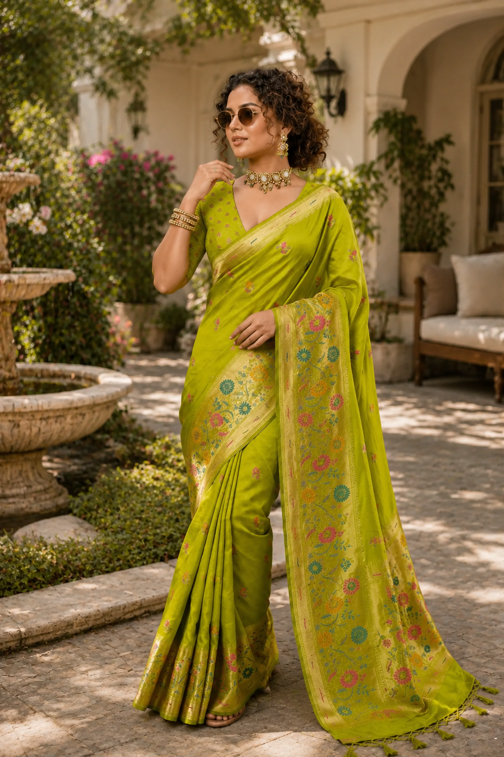 Parrot Green Paithani Silk Saree with Multicolour Floral Pallu & Gold Zari Border
