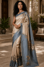 Pure Mysore Silk Saree in Beige and Blue with Floral Print