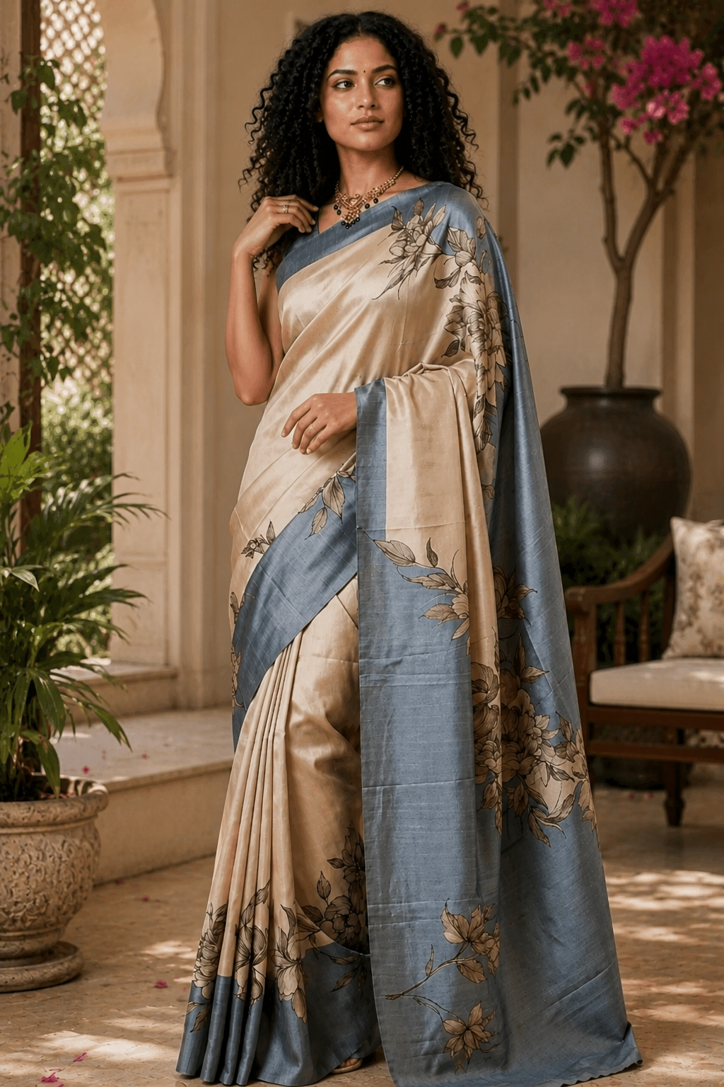 Pure Mysore Silk Saree in Beige and Blue with Floral Print