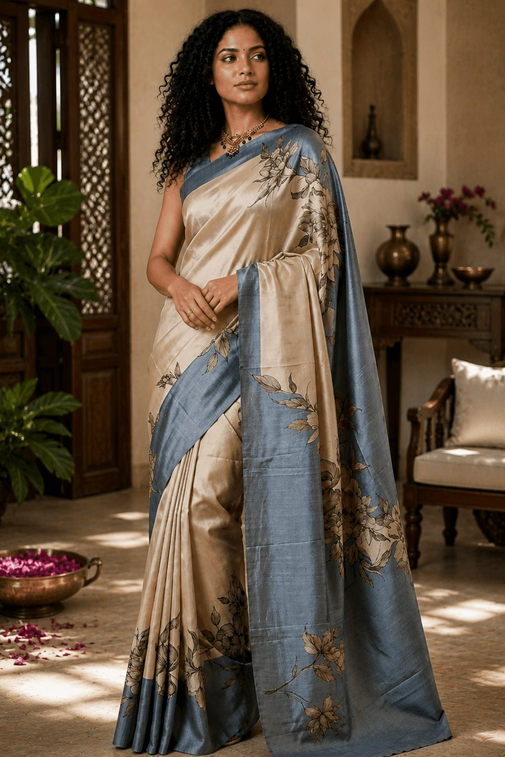 Pure Mysore Silk Saree in Beige and Blue with Floral Print