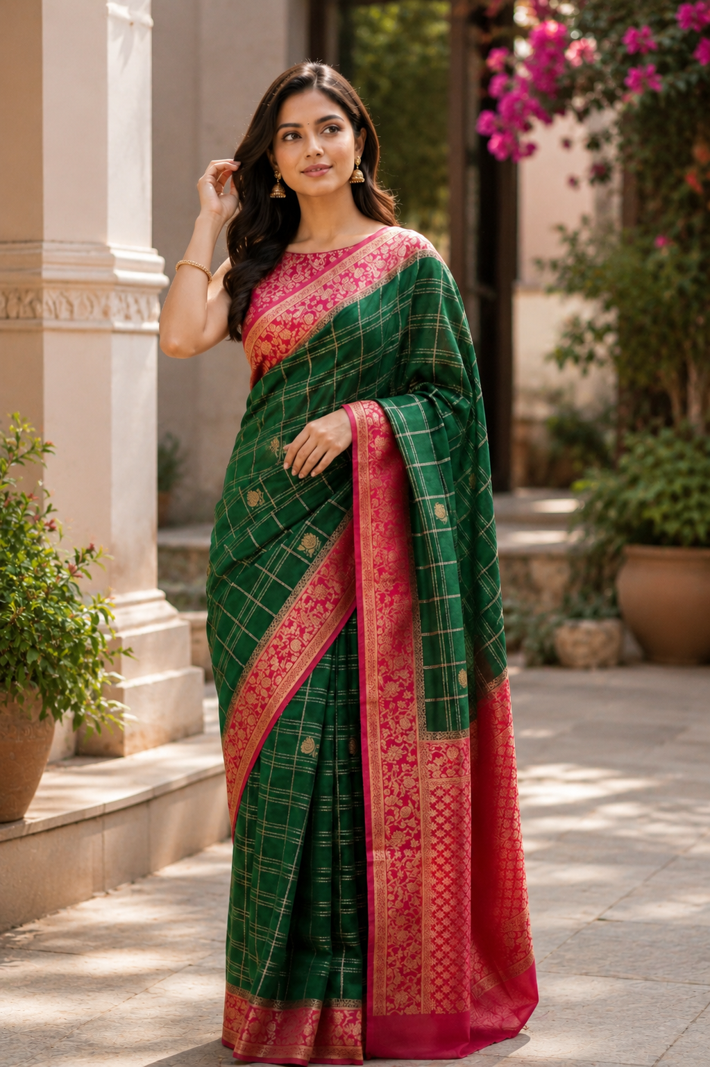 Emerald Green Georgette Saree with Floral Zari Border