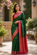 Emerald Green Georgette Saree with Floral Zari Border