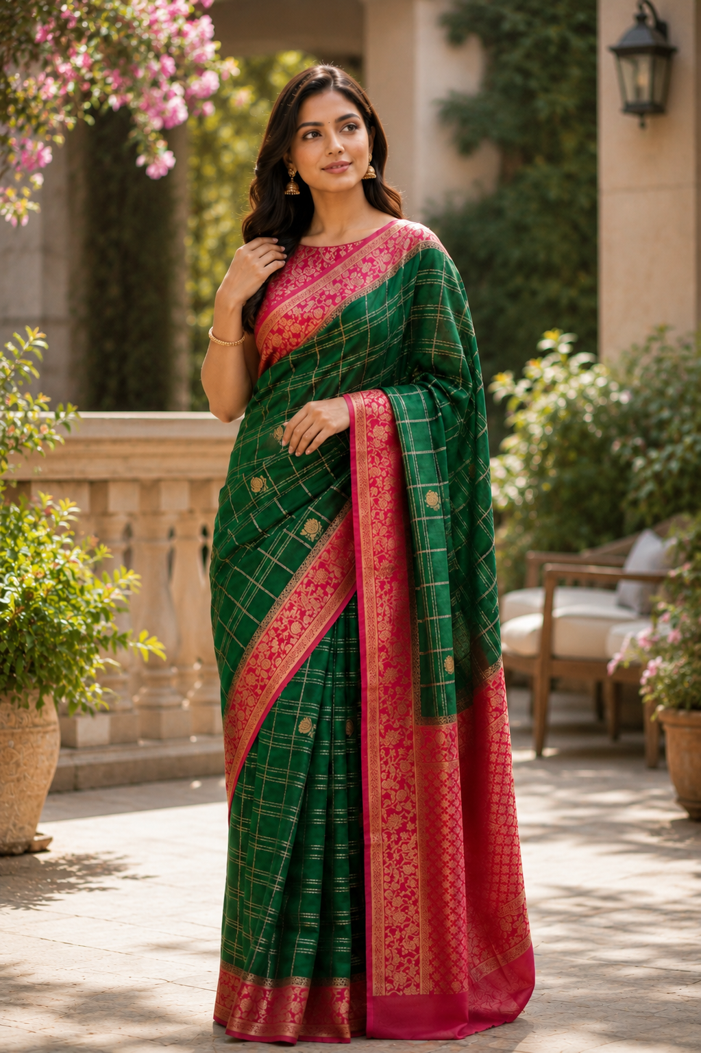Emerald Green Georgette Saree with Floral Zari Border