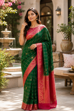 Emerald Green Georgette Saree with Floral Zari Border