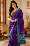 Purple Pen Kalamkari Saree with Teal Zari Border