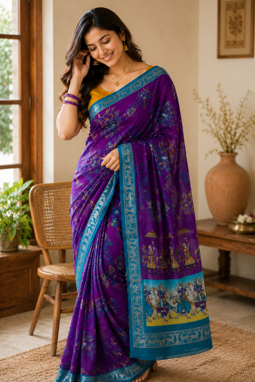 Purple Pen Kalamkari Saree with Teal Zari Border