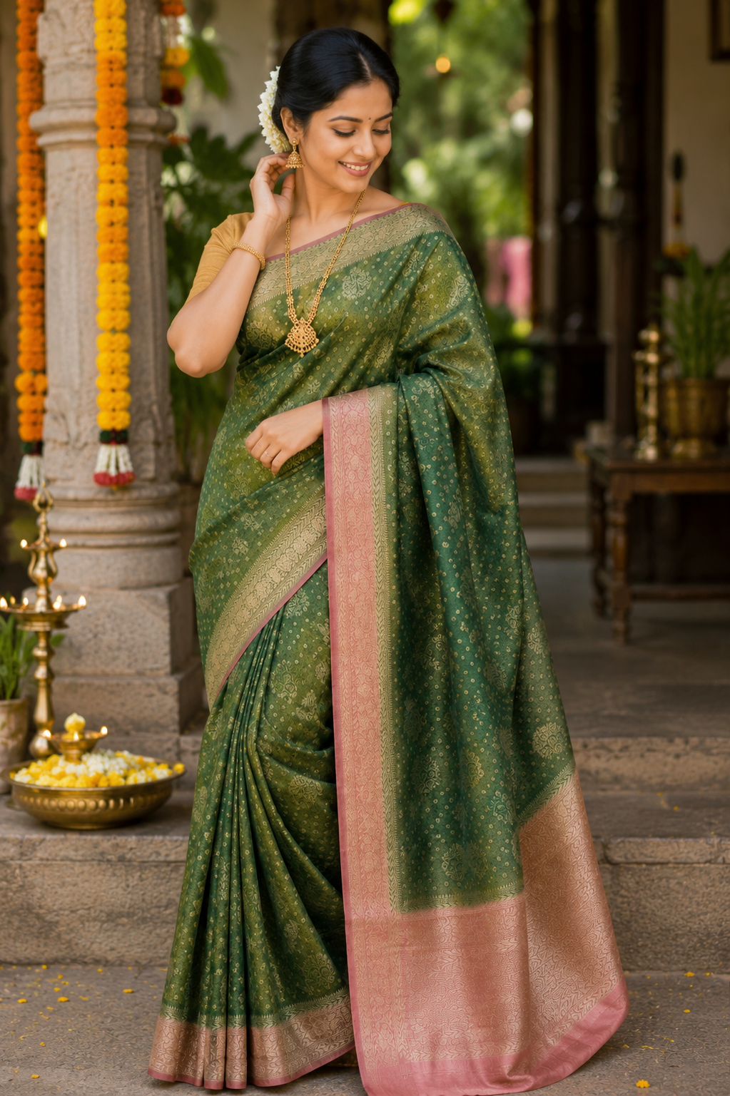 Olive Green Saree with Peach Tissue Saree