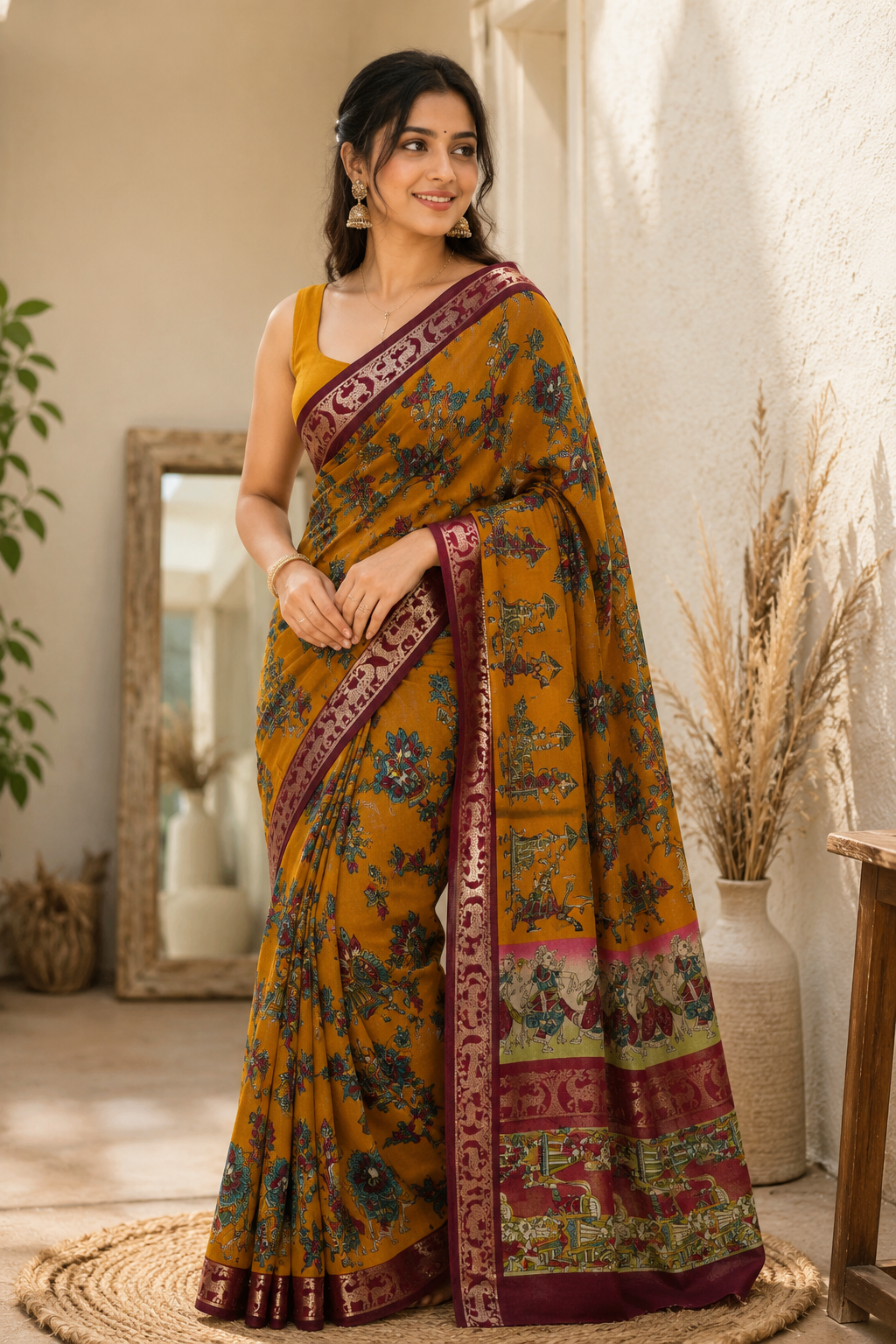 Mustard Yellow Pen Kalamkari Saree with Maroon Zari Border
