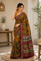 Mustard Yellow Pen Kalamkari Saree with Maroon Zari Border
