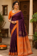 Brown Saree with Rust Orange Tissue Silk