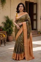 Olive Gold Tissue Silk Saree with Orange