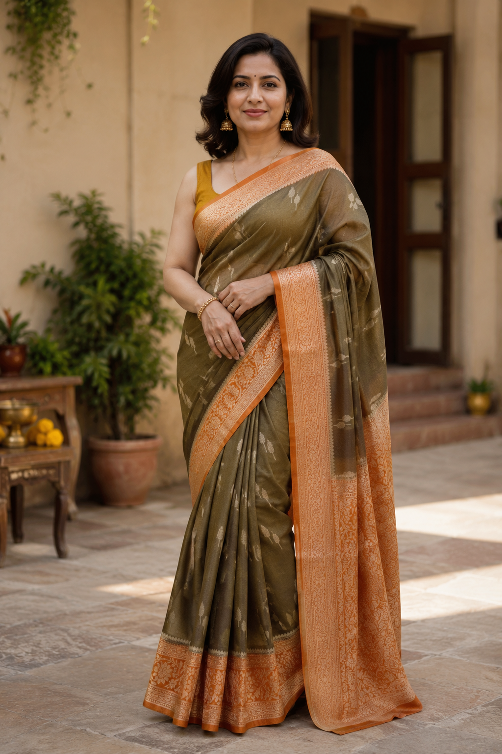 Olive Gold Tissue Silk Saree with Orange