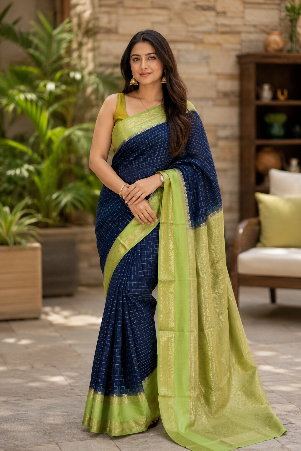 Royal Navy Blue Mysore Silk Saree with Pistachio Green