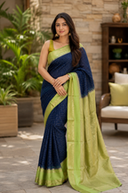 Royal Navy Blue Mysore Silk Saree with Pistachio Green