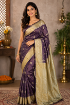Dual-Shade Deep Wine Temple Tissue Saree with Leaf Butta Brocade Weaving