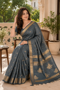 Grey Raw Silk Saree with Gold Zari Checks & Floral Buttas