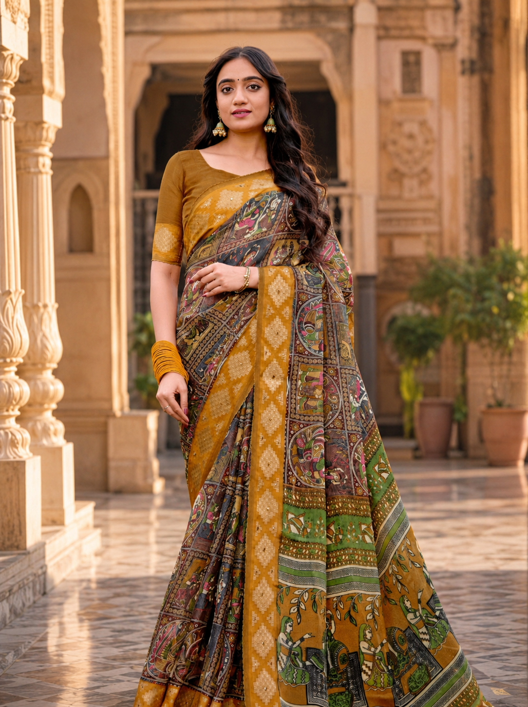 Elegant Mehendi Green & Mustard Border Fancy Georgette Saree