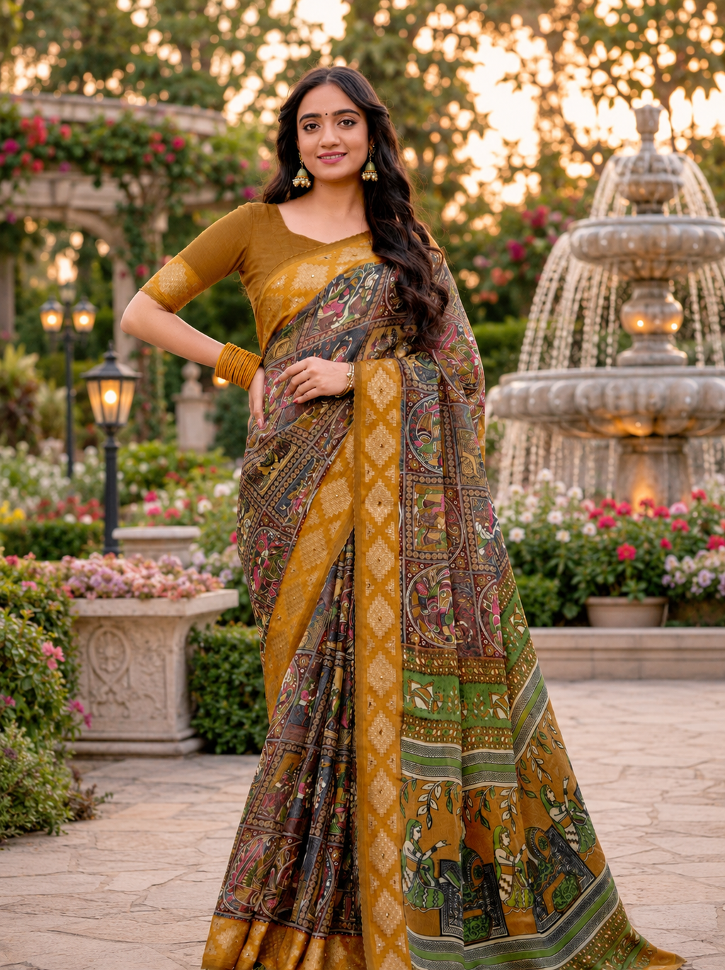 Elegant Mehendi Green & Mustard Border Fancy Georgette Saree