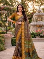 Elegant Mehendi Green & Mustard Border Fancy Georgette Saree