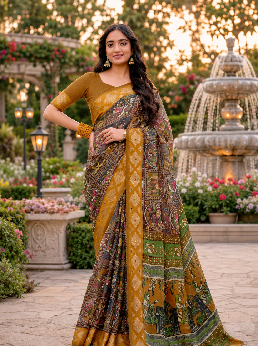 Elegant Mehendi Green & Mustard Border Fancy Georgette Saree