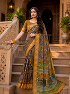 Elegant Mehendi Green & Mustard Border Fancy Georgette Saree