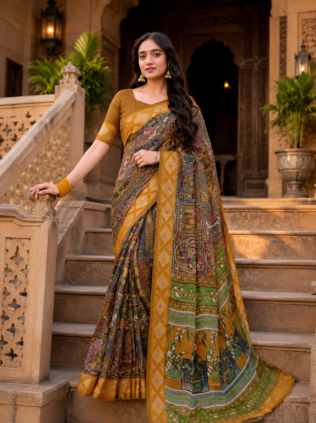 Elegant Mehendi Green & Mustard Border Fancy Georgette Saree