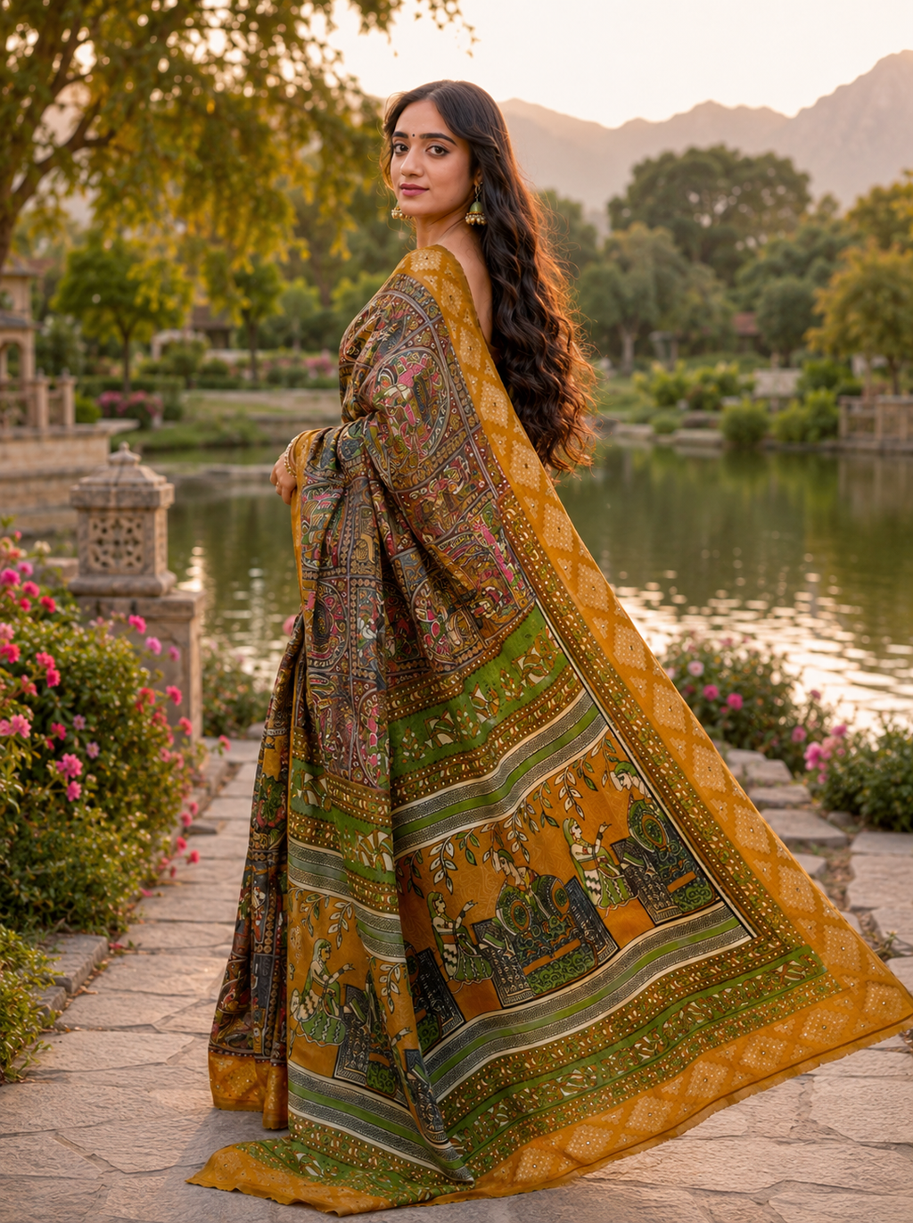 Elegant Mehendi Green & Mustard Border Fancy Georgette Saree