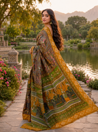 Elegant Mehendi Green & Mustard Border Fancy Georgette Saree