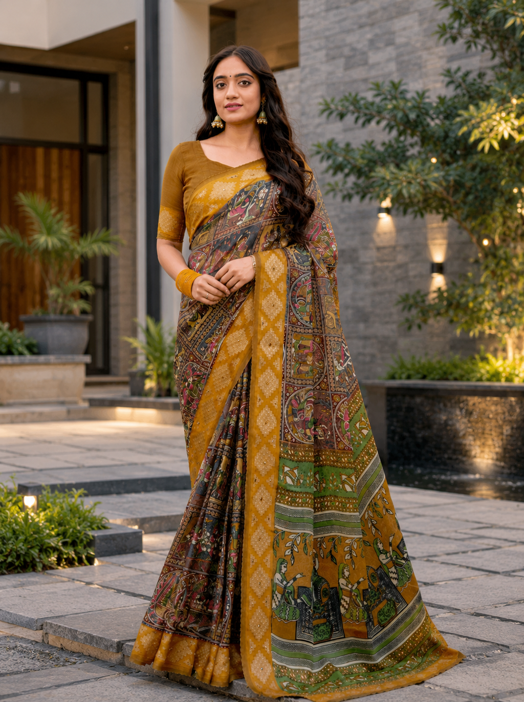 Elegant Mehendi Green & Mustard Border Fancy Georgette Saree