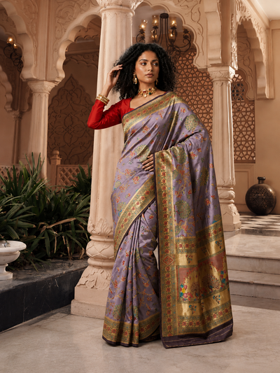 Lavender Pashmina Silk Saree with Peacock Meenakari & Gold Zari Border
