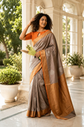 Lilac & Grey Orange Borderless Pure Silk Saree | Silk Mark Certified