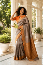 Lilac & Grey Orange Borderless Pure Silk Saree | Silk Mark Certified