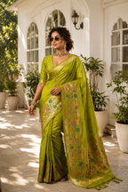 Parrot Green Paithani Silk Saree with Multicolour Floral Pallu & Gold Zari Border