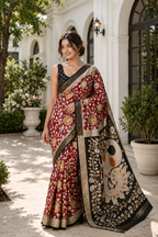 Red Floral Printed Saree with Black Deer Zari Border