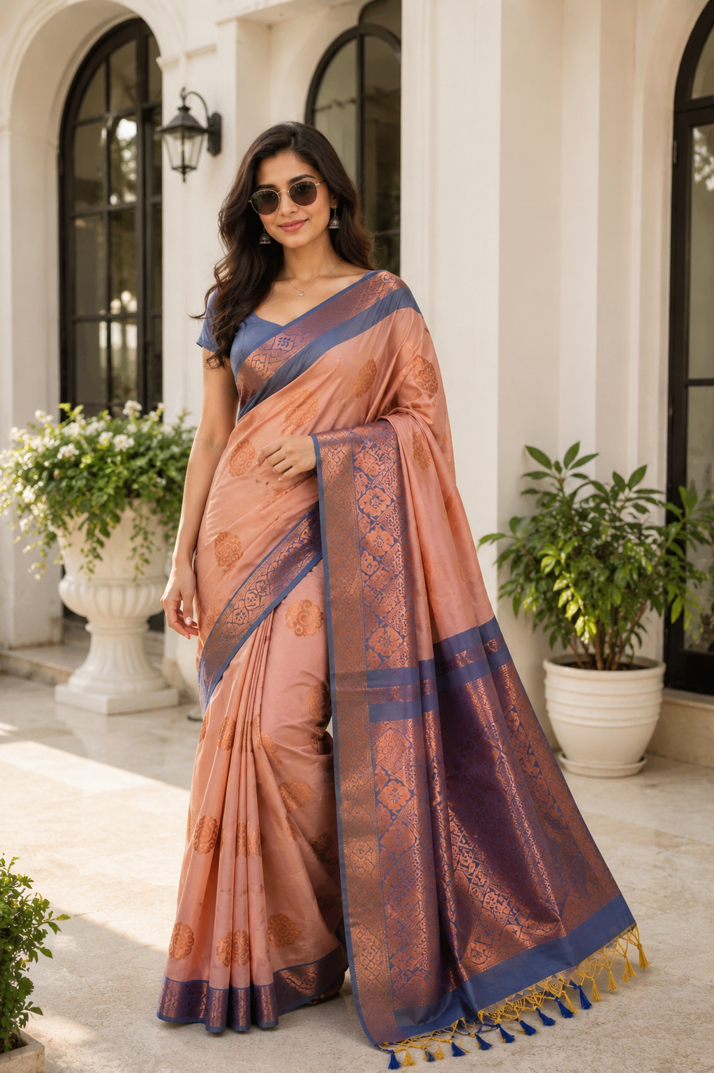 Sapota Peach Saree with Royal Blue Border and Copper Zari