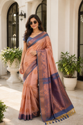 Sapota Peach Saree with Royal Blue Border and Copper Zari