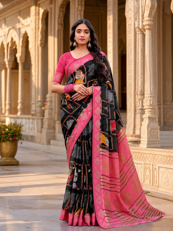 Elegant Black & Pink Border Fancy Georgette Saree