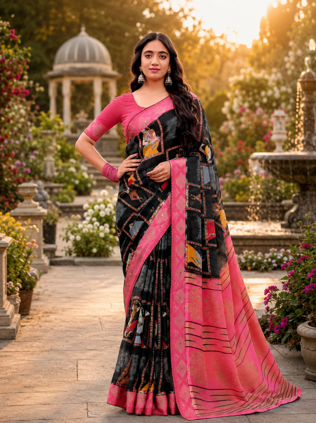 Elegant Black & Pink Border Fancy Georgette Saree