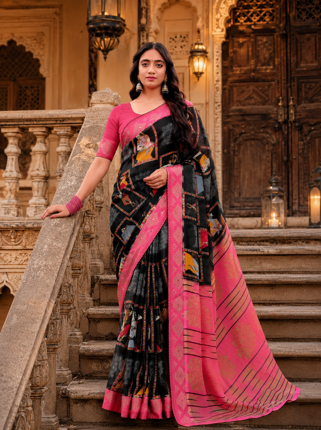 Elegant Black & Pink Border Fancy Georgette Saree