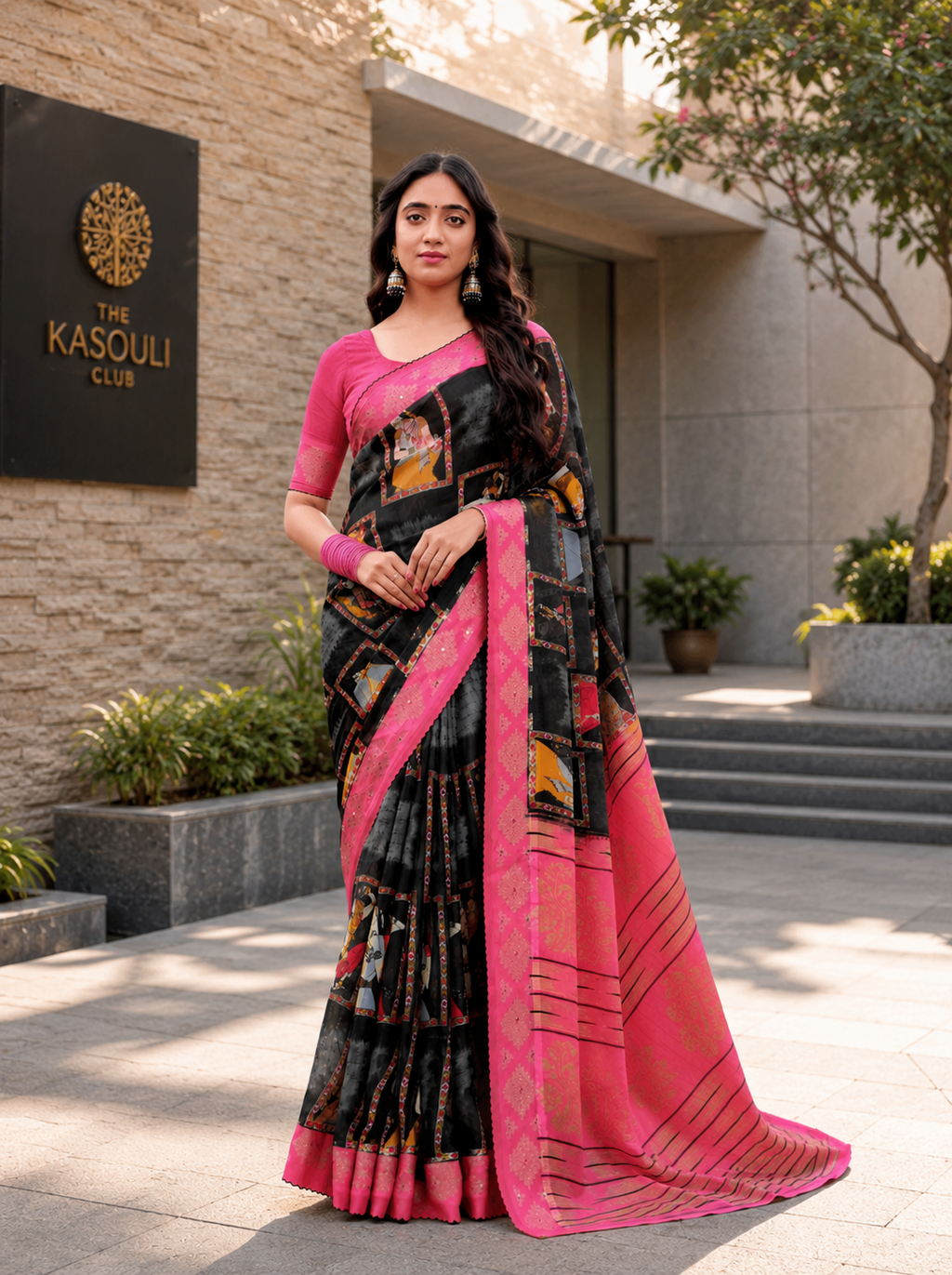 Elegant Black & Pink Border Fancy Georgette Saree